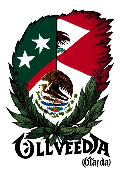 last name (Olveda) with half Puerto Rico flag and half mexico flag combined behind the name  tattoo design idea