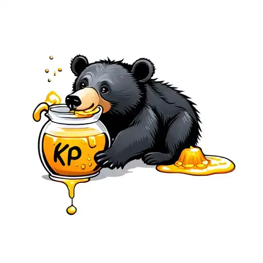 cute black bear eating honey from a honey pot with honey dripping over the side, the honey pot has KP written on it. tattoo design idea