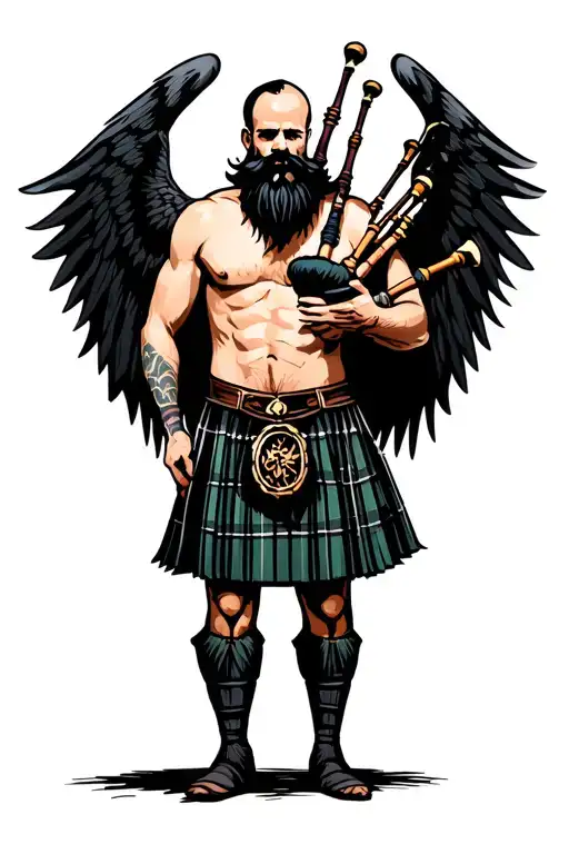 shirtless muscular bagpiper bald black beard playing bagpipes huge black wings black background tattoo design idea