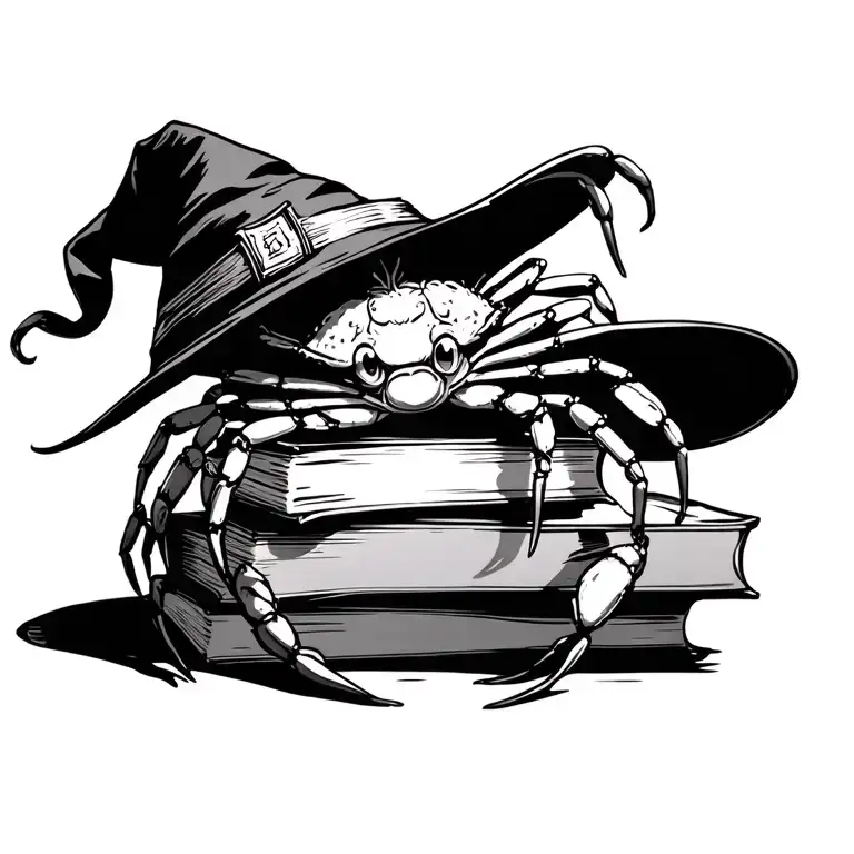 cute girly crab on a stack of books with a witch hat tattoo design idea