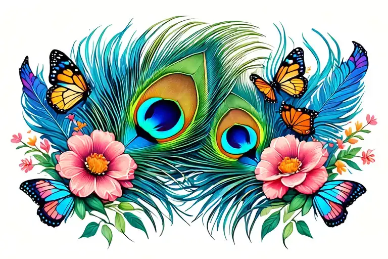 peacock feathers on both sides with butterflies and flowers around tattoo design idea