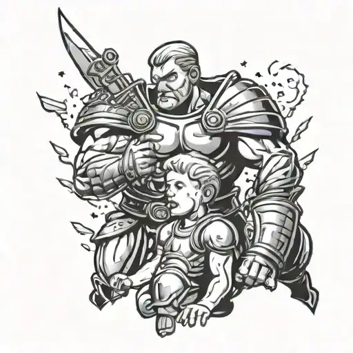 father shielding family from bullets comic book style with thinking bubble of father fight his own brain in a gladiator tattoo design idea