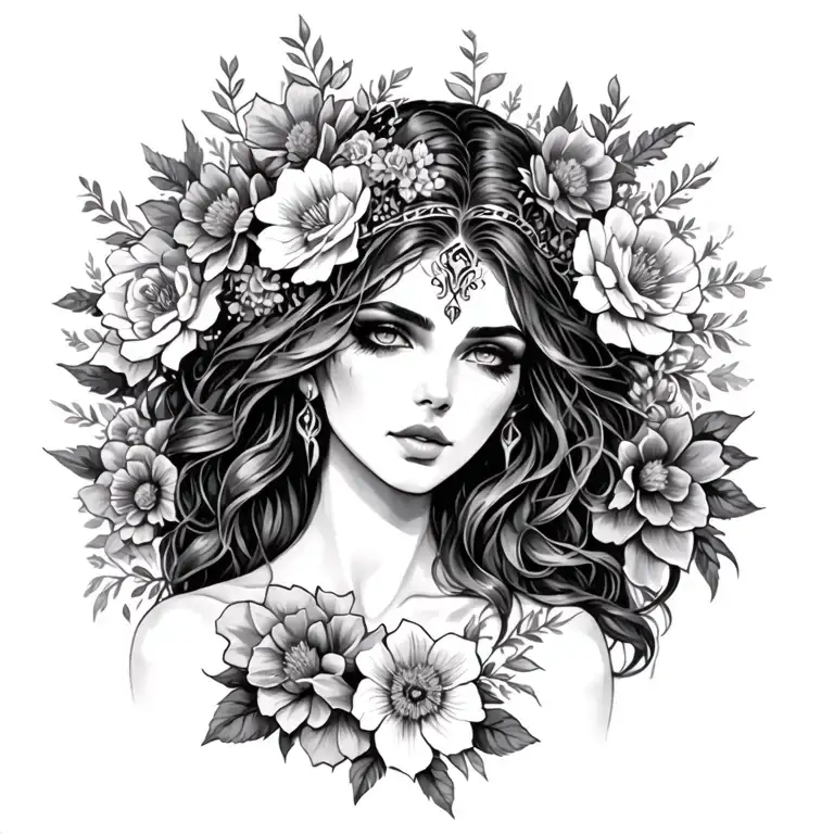 sexy pagan goddess surrounded by flowers tattoo design idea