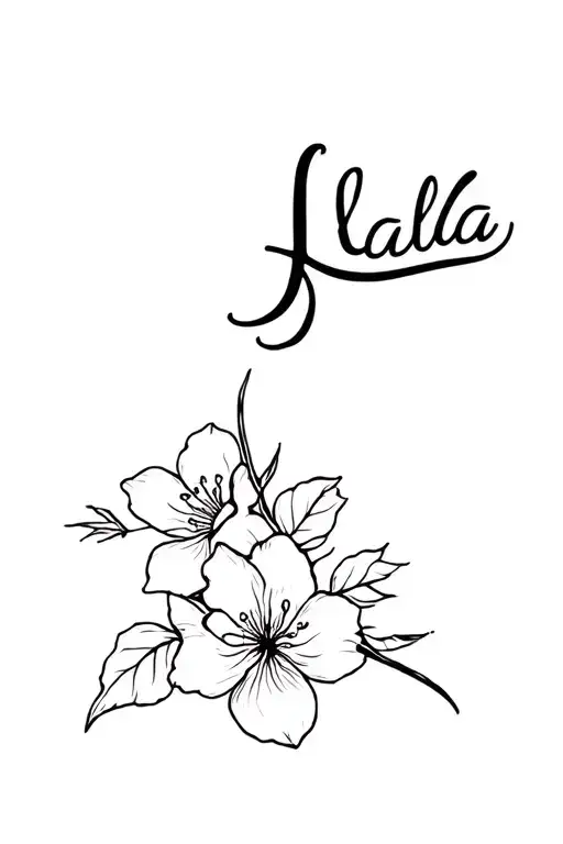 "Laila" honeysuckle flower with j written in calligraphy style tattoo design idea