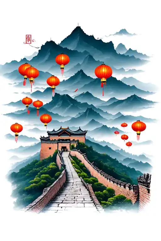 Great Wall of China with lanterns flying tattoo design idea