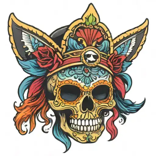 Mexican skull in multiple colors. The skull has a blindfold and on the blindfold it says "Fear No Evil" tattoo design idea