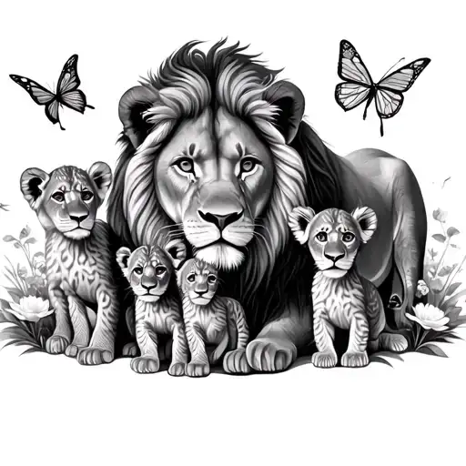 mum lion with 2 girl cubs, 4 boy cubs, 1 angel girl cub and add butterflies, dragonflies and flowers. tattoo design idea