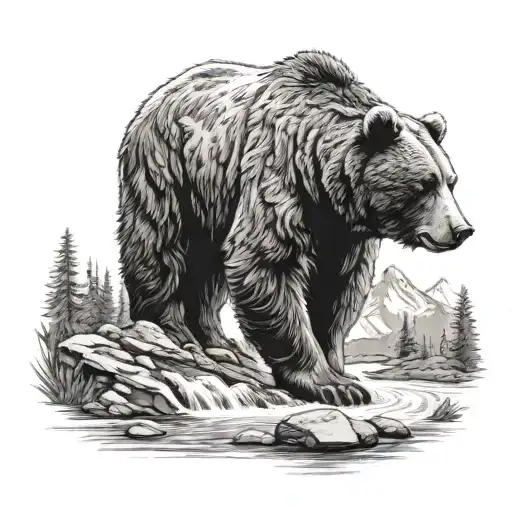 nature scene with bear standing next to a flowing river and trees and mountains  tattoo design idea