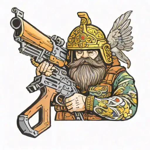 Russian Kolobok with a beard in a helmet with a machine gun in color tattoo design idea