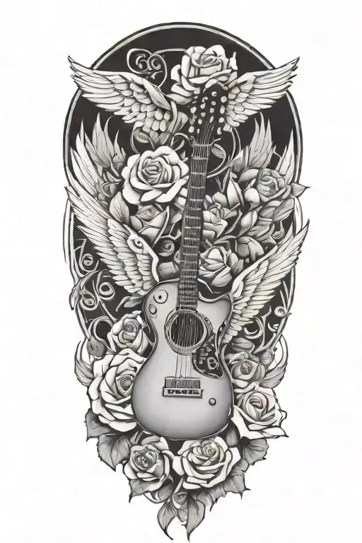 roses, guitar and peace wings  tattoo design idea