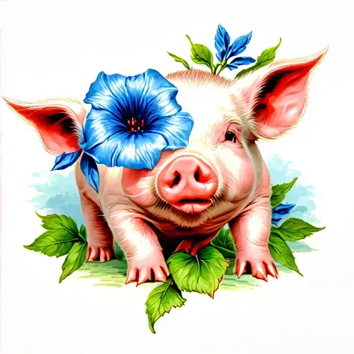 baby pig with a blue morning glory flower tattoo design idea