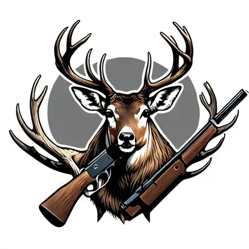 deer head with rack holding a rifle intertwined tattoo design idea