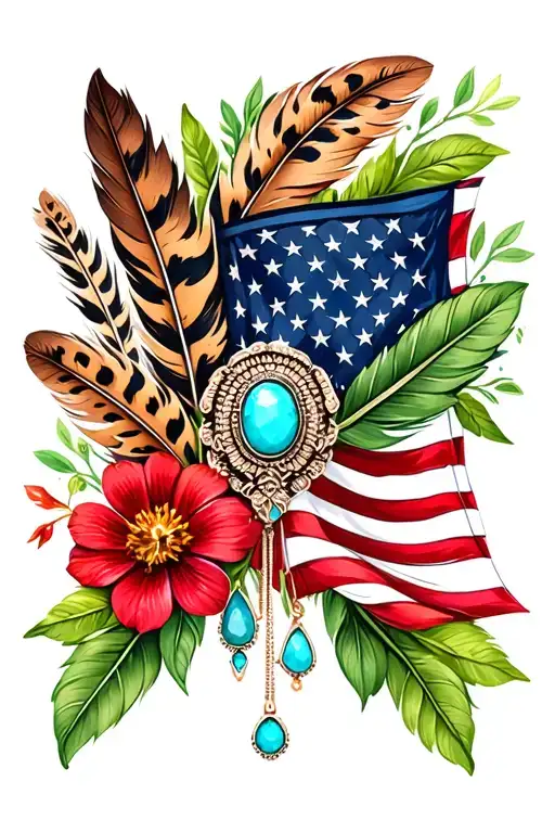 american flag and brown feathers, american flag, green leaves, one brooch turquoise jewelry, flowers, cheetah print  tattoo design idea
