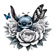 little stitch and peonies and butterfly tattoo design idea