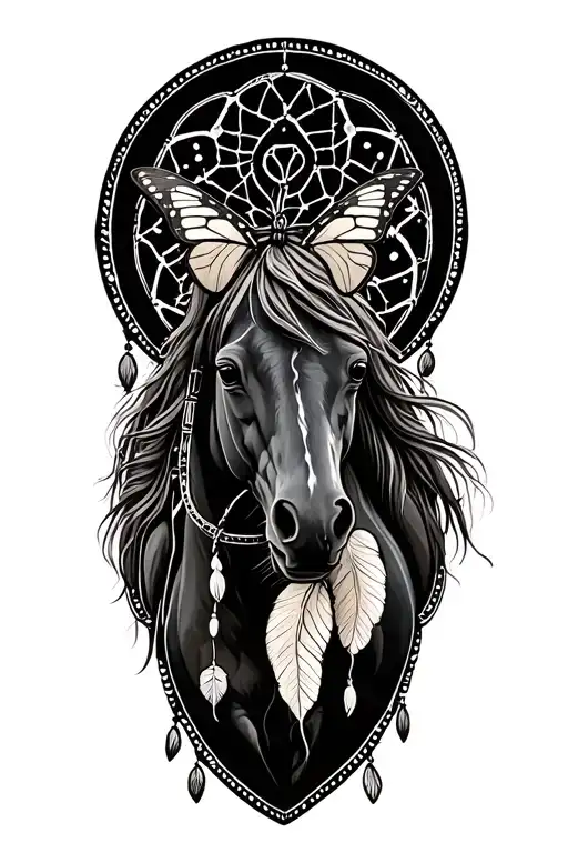 tooled leather with paint horse dream catcher and butterfly  tattoo design idea