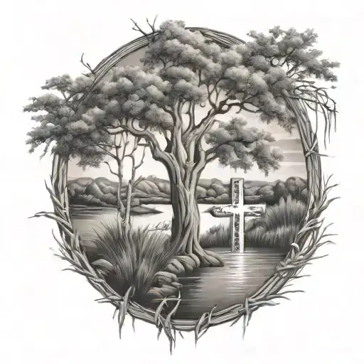 full sleeve featuring willow tree, river, cross, sunrays, and Marine Corps tattoo design idea