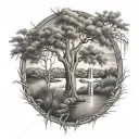 full sleeve featuring willow tree, river, cross, sunrays, and Marine Corps tattoo design idea