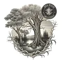 full sleeve featuring willow tree, river, cross, sunrays, and Marine Corps tattoo design idea