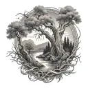 full sleeve featuring willow tree, river, cross, sunrays, and Marine Corps tattoo design idea