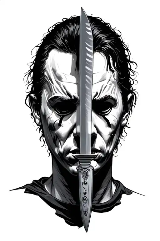 Michael Myers using his knife to reflect someone behind him and seeing his face in the knife. tattoo design idea