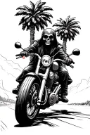 Grim reaper on a motorcycle with palm trees going down the highway tattoo design idea