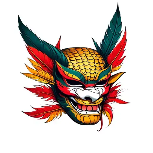 A Hannya mask with cobra scales and tribal feather accents tattoo design idea