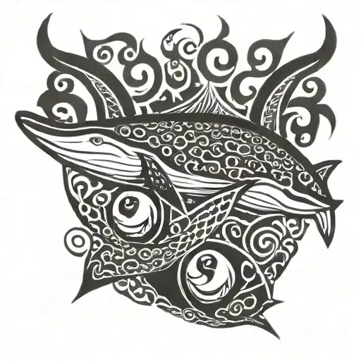 Maori manga, with manta rays, shadows, fish scales, sea waves tattoo design idea