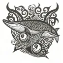 Maori manga, with manta rays, shadows, fish scales, sea waves tattoo design idea
