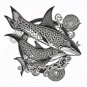 Maori manga, with manta rays, shadows, fish scales, sea waves tattoo design idea