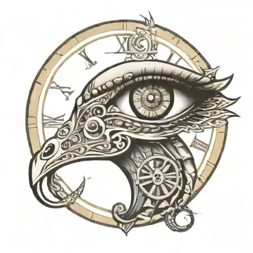 clock of time and apart above an eye of Horus tattoo design idea