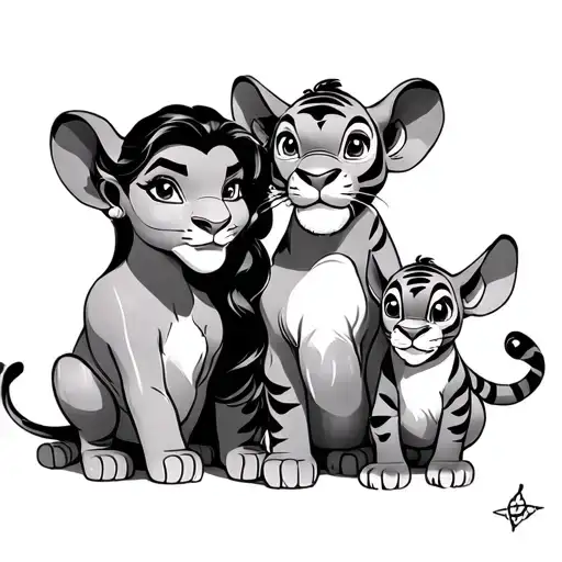 ursula with simba, dumbo, stitch, tigger tattoo design idea