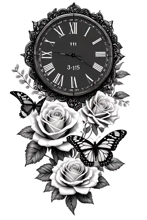 11:11 clock face surrounded by roses, february birth flowers and monarch butterflies with proverbs 3:15  tattoo design idea