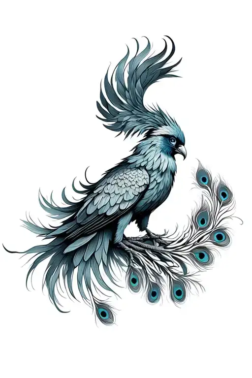frontal view of a rising phoenix with peacock feathers  tattoo design idea