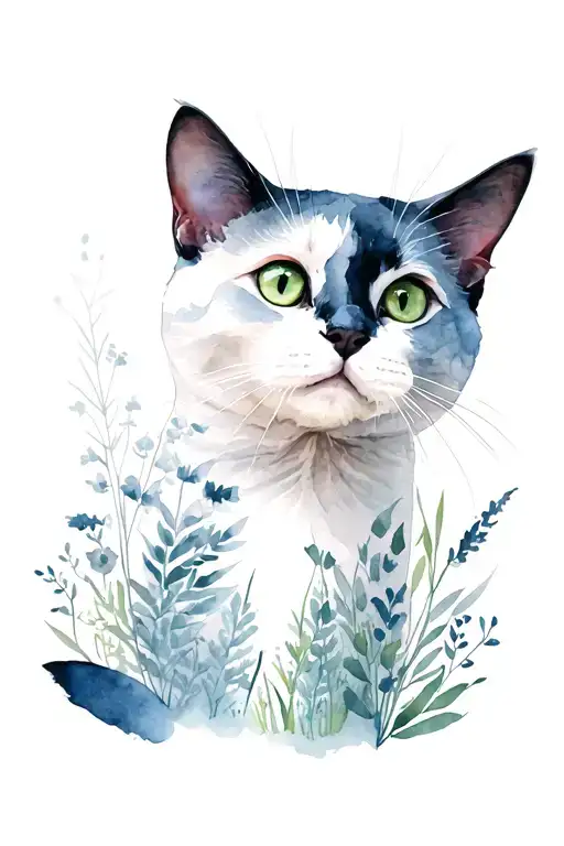black cat with smart green eyes and some nature surrounding tattoo design idea