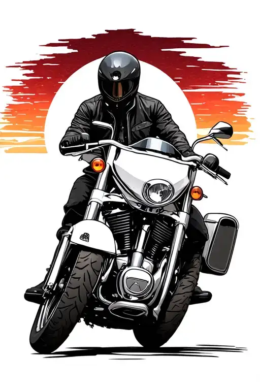 a biker on a white Harley Street Glide, taken from the front, and a burgundy red sunset behind tattoo design idea