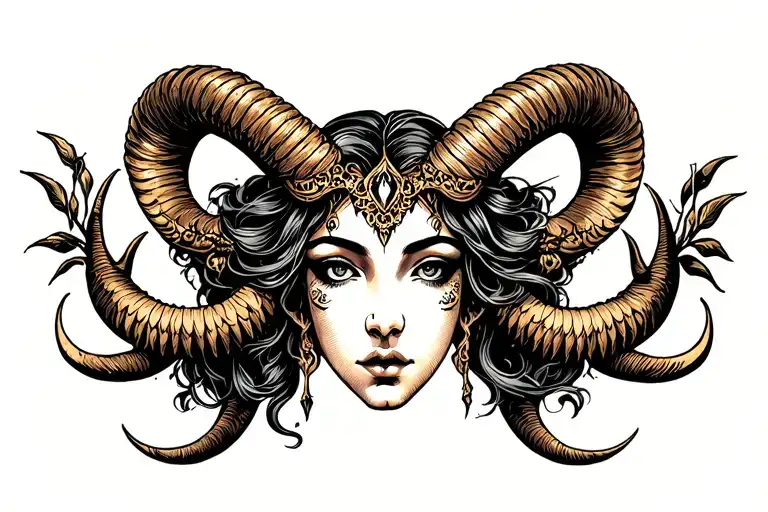 Capricorn, siren evil beautiful face tattoo design idea