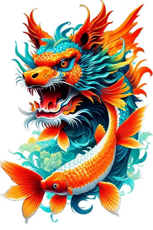 totem pole with mythic animals  japan inspired , from the side with koi carp and dragons  tattoo design idea