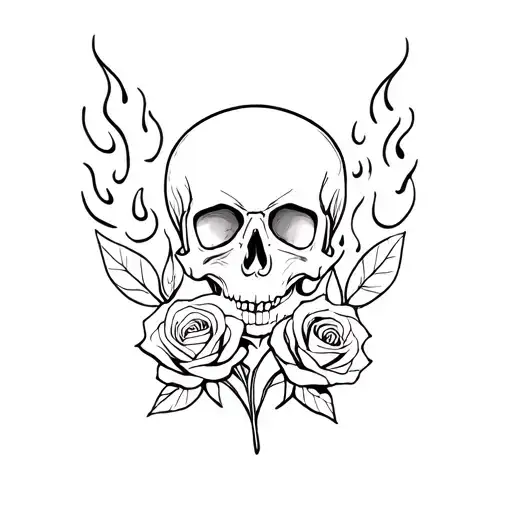 skull and roses with flames symbolizing tattoo design idea