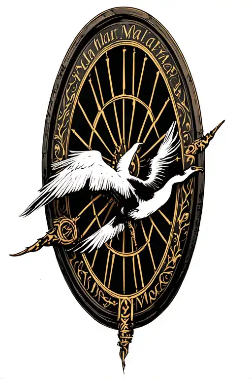 wheel of time logo combined with golden crane in flight with sign tai'shar malkier  tattoo design idea