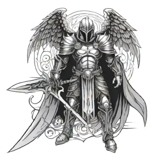 dark fantasy evil angel warrior massive sword and armor, empty face tattoo design idea