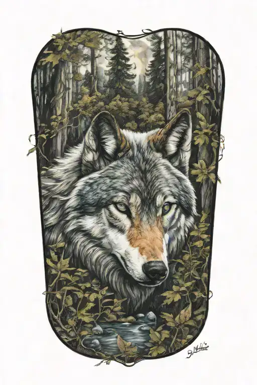 wolf blue eyes forest landscape tattoo design idea