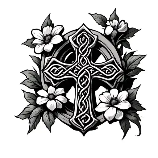 Celtic cross with flower vines coming out of it tattoo design idea