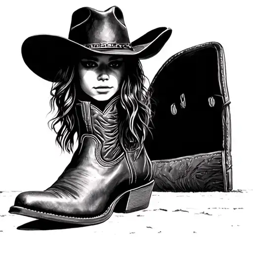 cowgirl pencil drawing boots and hat detailed silhouette standing full length basic tattoo design idea