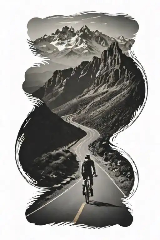 cyclist riding on winding asphalt road uphill in standing position, silhouette from the back, mountains in background tattoo design idea