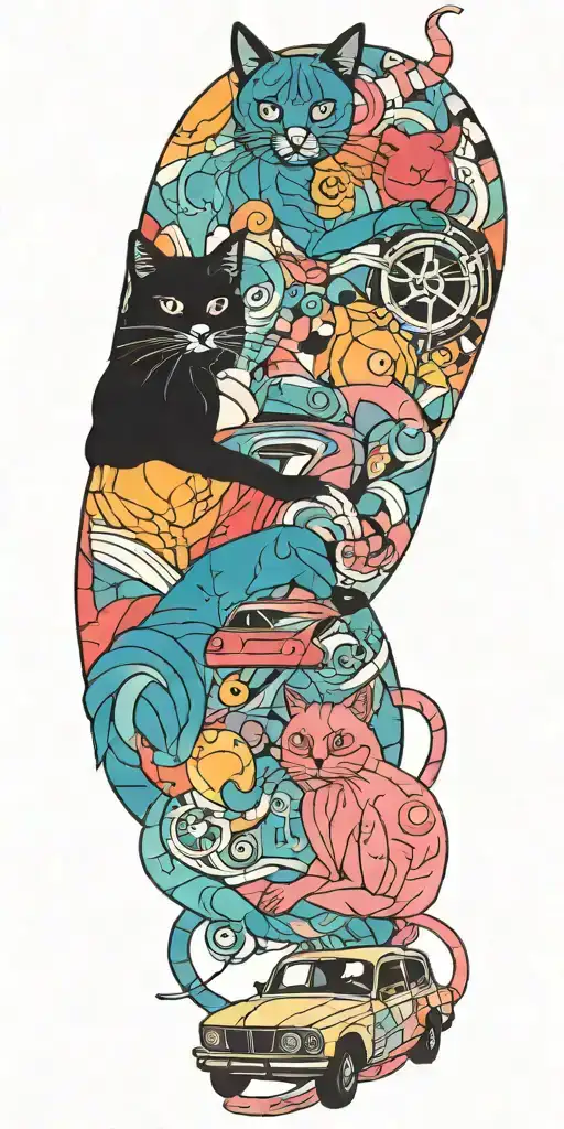 two gay men with two black cats sitting in a BMW tattoo design idea