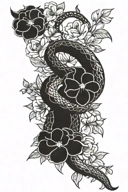 thick snake wrapping around flowers intertwined tattoo design idea