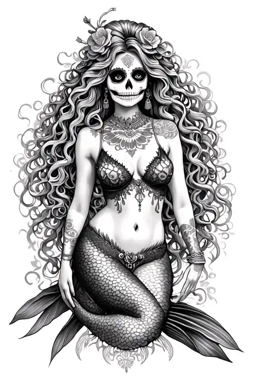 sexy girl mermaid day of the dead chicano medusa outlaw western gothic goddess lace thin waist cleavage, beautiful tattoo design idea