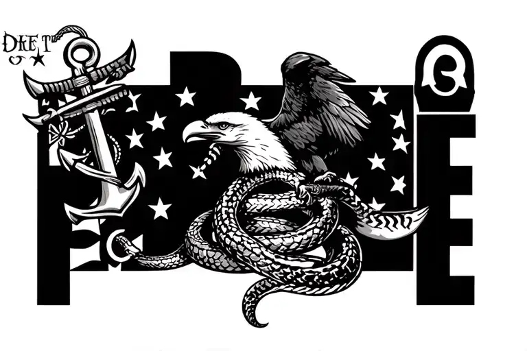 we the people, eagle, anchor, rattle snake, don't tread on me, patriotic tattoo design idea
