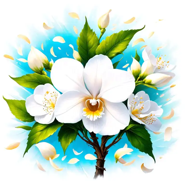 white cattleya with white cherry blossom petals falling tattoo design idea