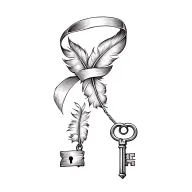 lock and key with ribbon and feather feather feather tattoo design idea